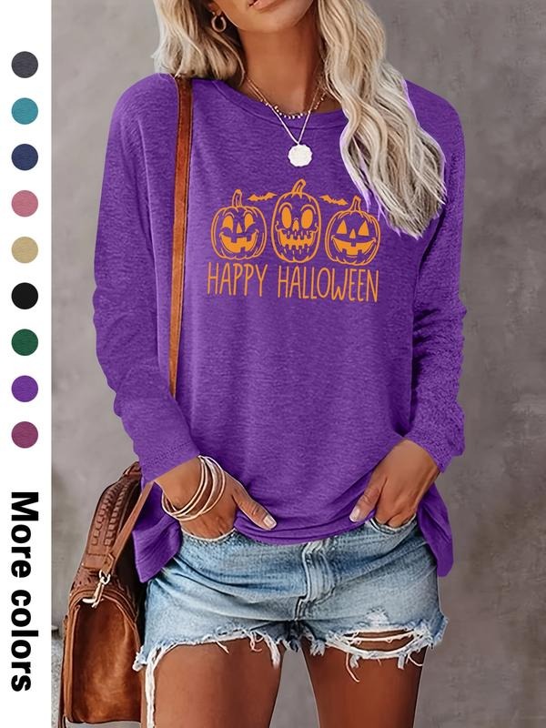 Women's Halloween Pumpkin Letter Print Long Sleeve Casual Fitted T-Shirt, Comfortable Fabric, Available in 9 Colors style...