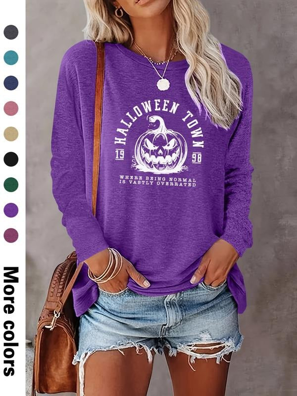 Women's Halloween Pumpkin Letter Print Long Sleeve Casual Fitted T-Shirt, Comfortable Fabric, Available in 9 Colors...
