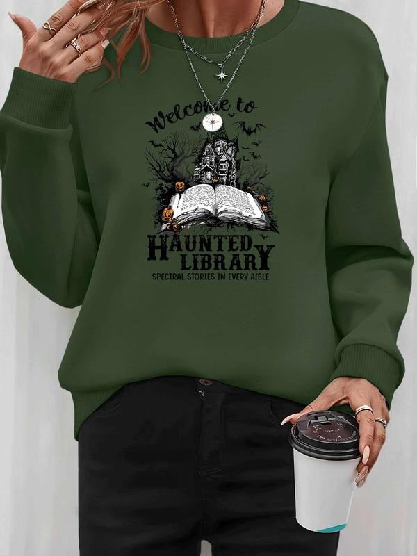 Women's Halloween Pumpkin Letter Print Long Sleeve Pullover Sweatshirt, Casual Fitted Design, Spring & Fall Fashion,...