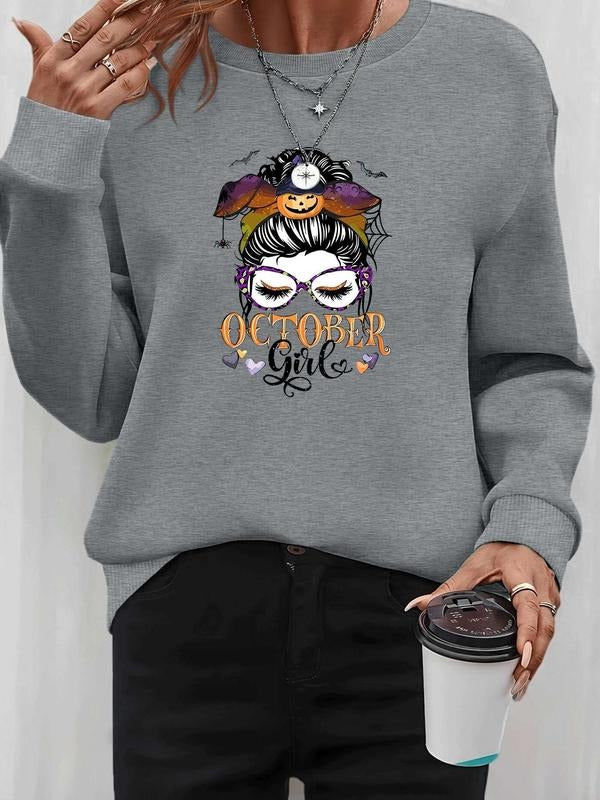 Women's Halloween Pumpkin Letter Print Long Sleeve Pullover Sweatshirt, Casual Fitted Design, Spring & Fall Fashion,...
