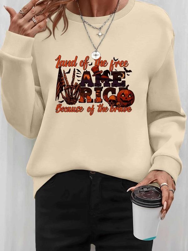 Women's Halloween Pumpkin Letter Print Long Sleeve Round Neck Pullover Sweatshirt, Casual Fall & Winter Fashion,...