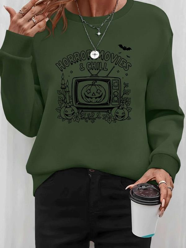 Women's Halloween Pumpkin Letter Print Long Sleeve Round Neck Pullover Sweatshirt, Casual Fitted Design, Fall & Winter...