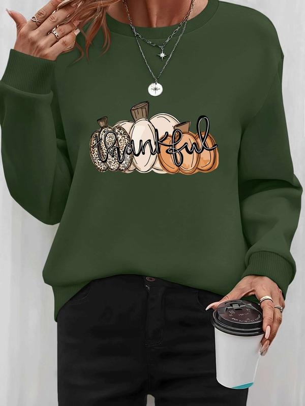 Women's Halloween Pumpkin Letter Print Long Sleeve Round Neck Pullover Sweatshirt, Casual Fitted Design, Fall & Winter...