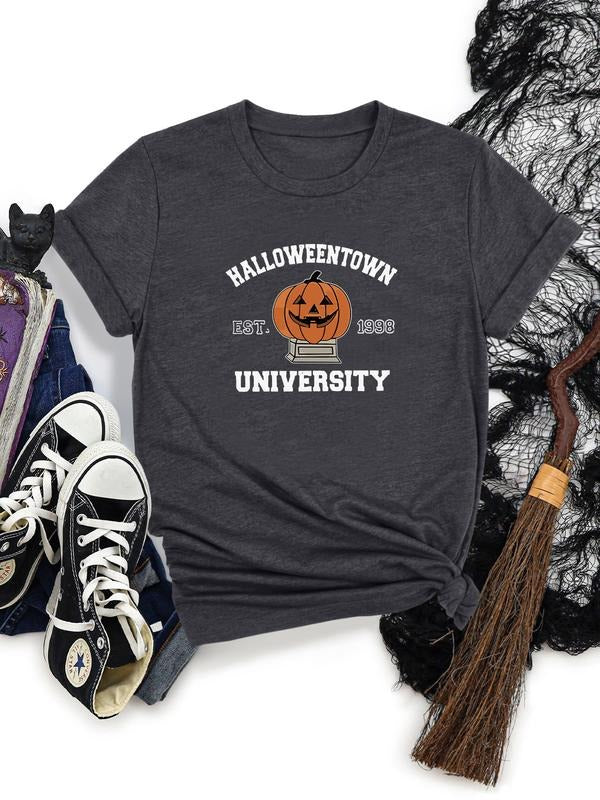 Women's Halloween Pumpkin Letter Print Round Neck Short Sleeve T-Shirt, Soft Comfortable Fabric, Available in 11 Colors...
