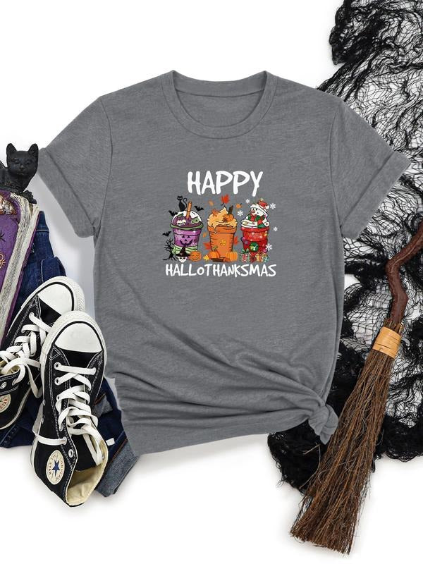 Women's Halloween Pumpkin Letter Print Round Neck Short Sleeve T-Shirt, Soft Comfortable Fabric, Casual Fitted Top, All...