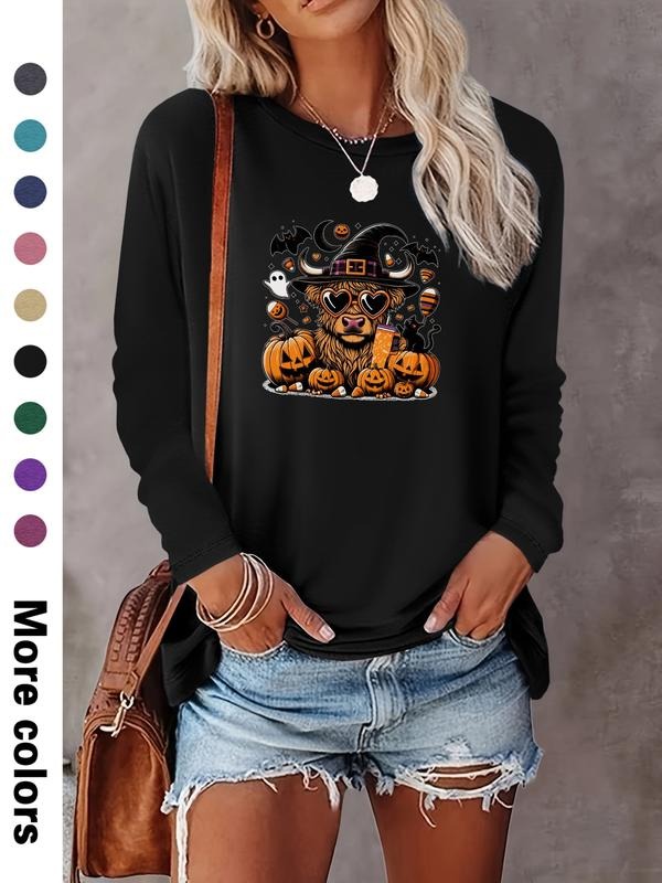 Women's Halloween Pumpkin Print Long Sleeve Casual Fitted T-Shirt, Comfortable Fabric, Available in 9 Colors, All Seasons...