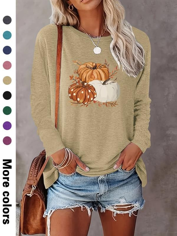 Women's Halloween Pumpkin Print Long Sleeve Casual Fitted T-Shirt, Comfortable Fabric, Available in 9 Colors, All Seasons...