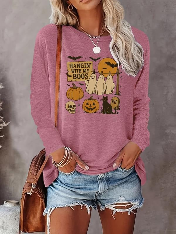 Women's Halloween Pumpkin Print Long Sleeve Round Neck Casual Fitted T-Shirt, Comfortable Fabric, Available in 7 Colors...