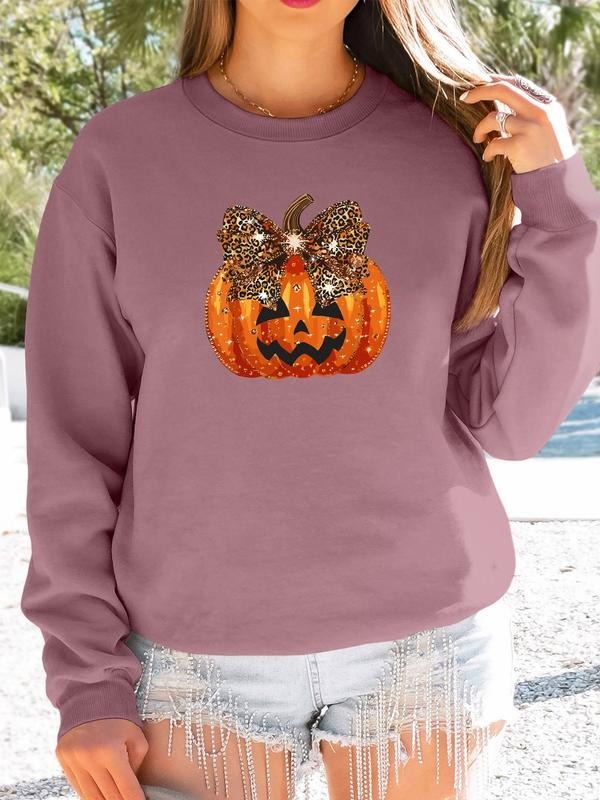 Women's Halloween Pumpkin Print Long Sleeve Round Neck Pullover Sweatshirt, Casual Fitted Design, Fall & Winter Fashion,...