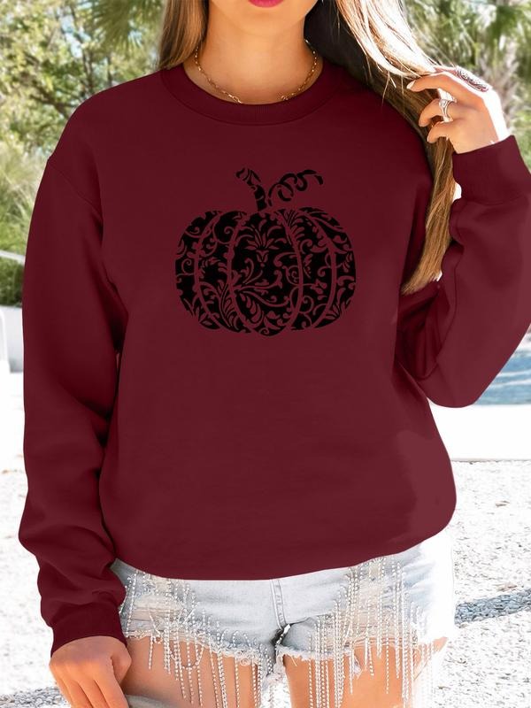 Women's Halloween Pumpkin Print Long Sleeve Round Neck Pullover Sweatshirt, Casual Fitted Design, Fall & Winter Fashion,...