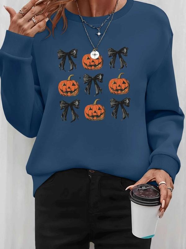 Women's Halloween Pumpkin Print Long Sleeve Round Neck Pullover Sweatshirt, Casual Fitted Kint Fabric, Fall & Winter...