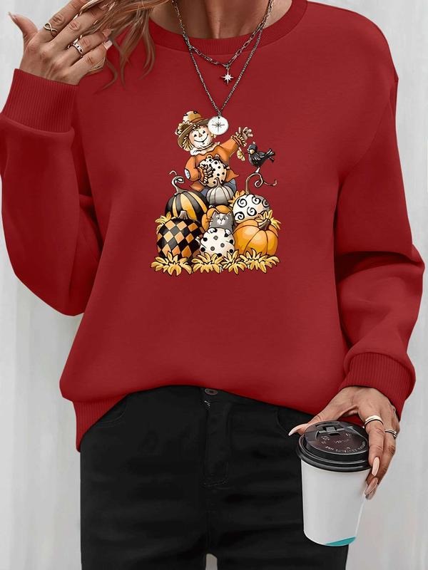 Women's Halloween Pumpkin Print Long Sleeve Round Neck Pullover Sweatshirt, Casual Fitted Knit Top for Fall & Winter, 9...