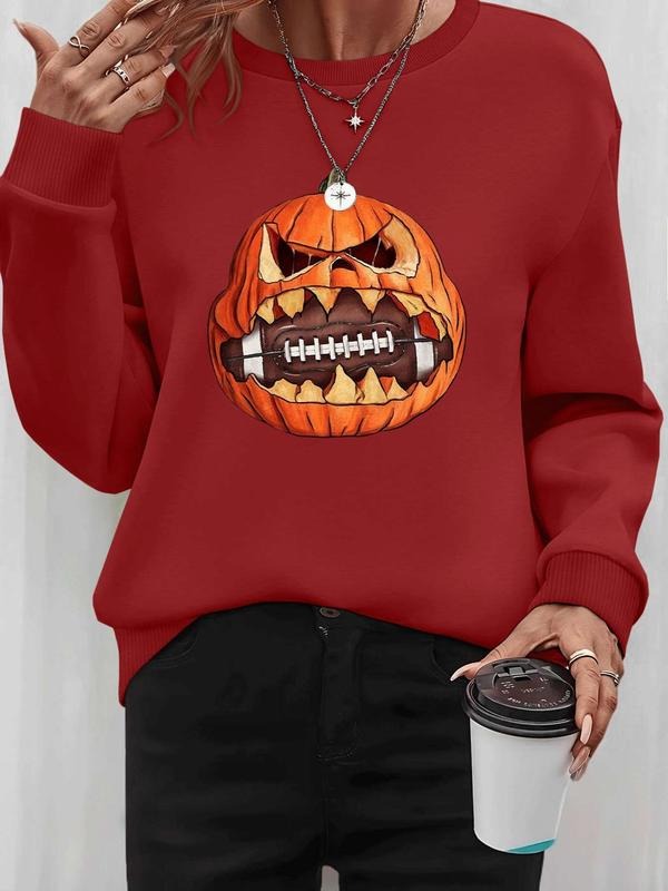 Women's Halloween Pumpkin Print Long Sleeve Round Neck Pullover Sweatshirt, Casual Fitted Style for Fall & Winter,...