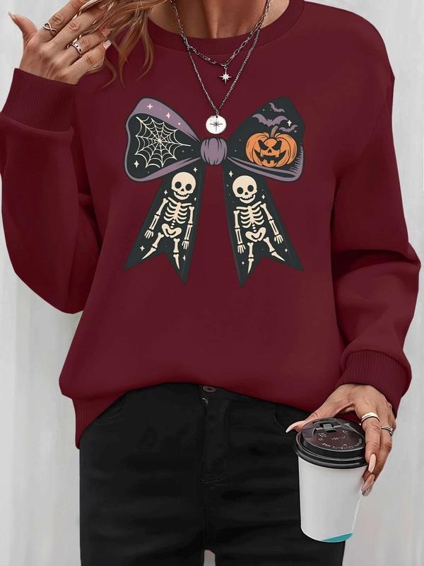 Women's Halloween Pumpkin Print Long Sleeve Round Neck Pullover Sweatshirt, Casual Fitted Style, Fall & Winter Fashion, 9...