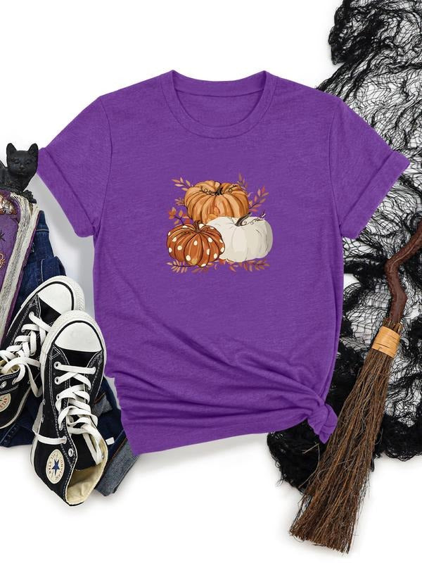Women's Halloween Pumpkin Print Round Neck Short Sleeve T-Shirt, Casual Fitted Top, Soft Comfortable Fabric, Available in...