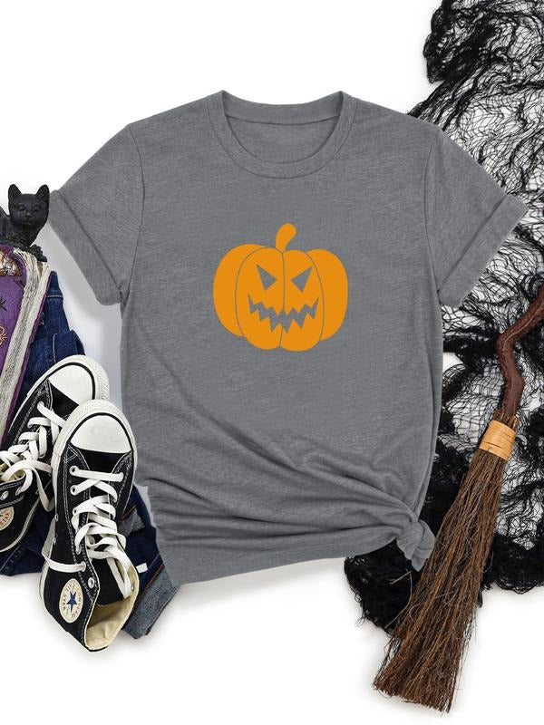 Women's Halloween Pumpkin Print Round Neck Short Sleeve T-Shirt, Soft Comfortable Fabric, Casual Style, All Seasons Wear...