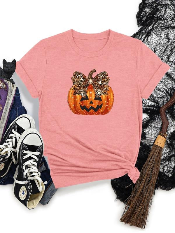 Women's Halloween Pumpkin Print Round Neck Short Sleeve T-Shirt, Soft Comfortable Fabric, Casual Style, All Seasons Wear...