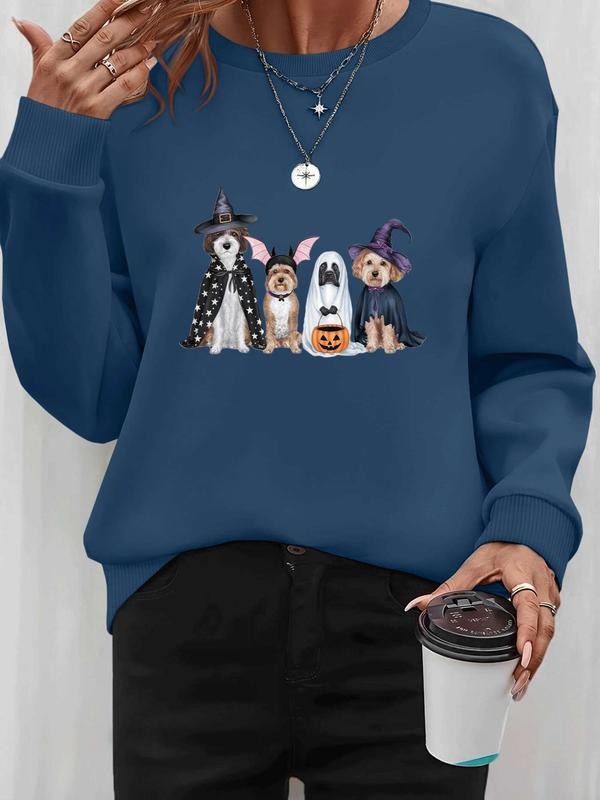 Women's Halloween Pumpkin Wizard Animal Print Long Sleeve Round Neck Pullover Sweatshirt, Casual Fall & Winter Fashion, 7...