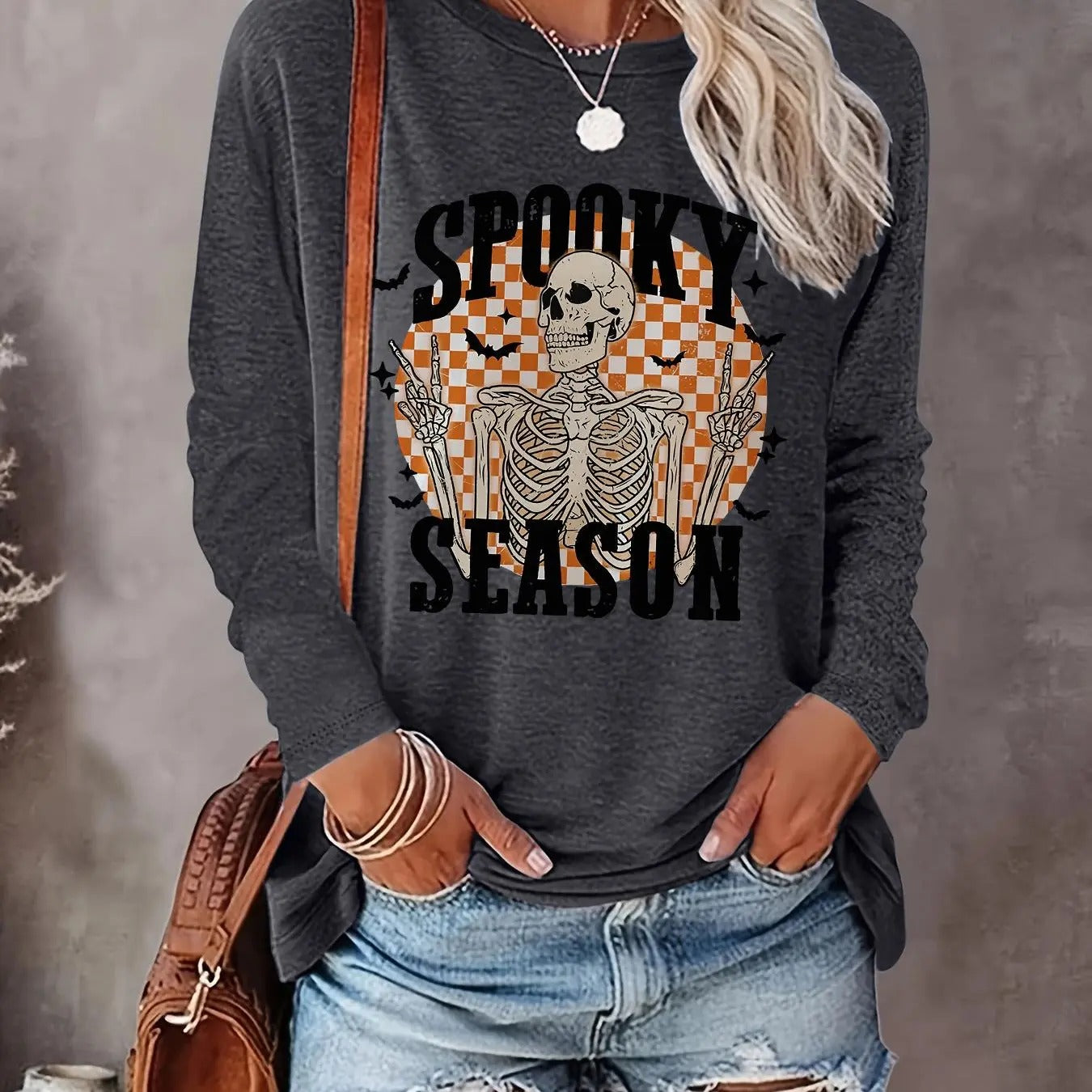Women's Halloween Skeleton & Letter Print Drop Shoulder Sweatshirt, Casual Long Sleeve Round Neck Pullover for Daily...