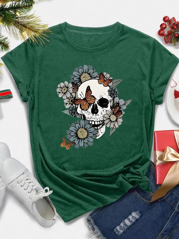 Women's Halloween Skull  & Floral Print Round Neck Tee, Casual Short Sleeve Crew Neck T-shirt for Daily Holiday Vacation...