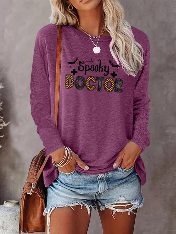 Women's Halloween Skull Bat Letter Print Long Sleeve Casual Fitted T-Shirt, Comfortable Fabric, Available in 8 Colors...