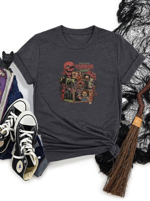 Women's Halloween Skull Cartoon Print Round Neck Short Sleeve T-Shirt, Soft Comfortable Fabric, Casual Style, Available...