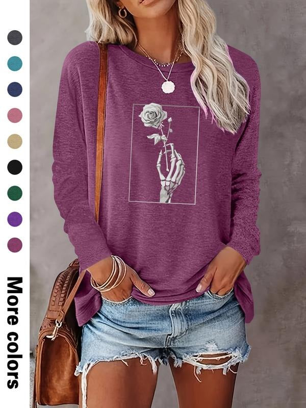 Women's Halloween Skull Floral Print Long Sleeve Casual Fitted T-Shirt, Comfortable Fabric, Available in 9 Colors Hoodie...