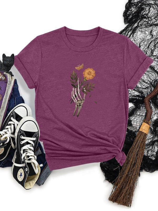 Women's Halloween Skull Floral Print Round Neck Short Sleeve T-Shirt, Soft Comfortable Fabric, Casual Style, All Seasons...