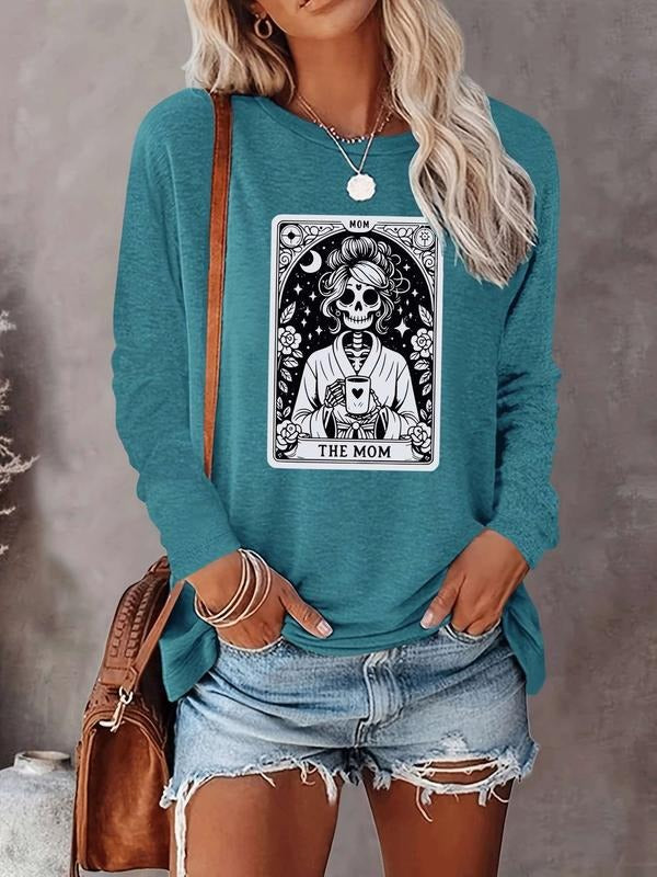 Women's Halloween Skull Letter Print Long Sleeve Casual Fitted T-Shirt, Comfortable Fabric, Available in 9 Colors style...
