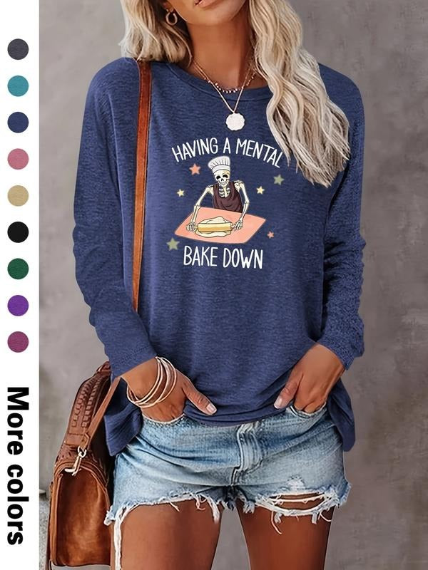 Women's Halloween Skull Letter Print Long Sleeve Casual Fitted T-Shirt, Comfortable Fabric, Available in 9 Colors style...
