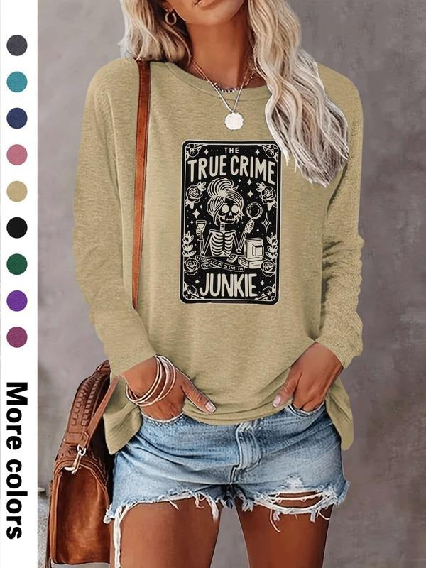 Women's Halloween Skull Letter Print Long Sleeve Casual Fitted T-Shirt, Comfortable Fabric, Available in 9 Colors style...