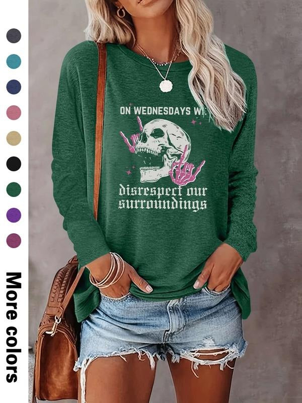 Women's Halloween Skull Letter Print Long Sleeve Casual Fitted T-Shirt, Comfortable Fabric, Available in 9 Colors style...