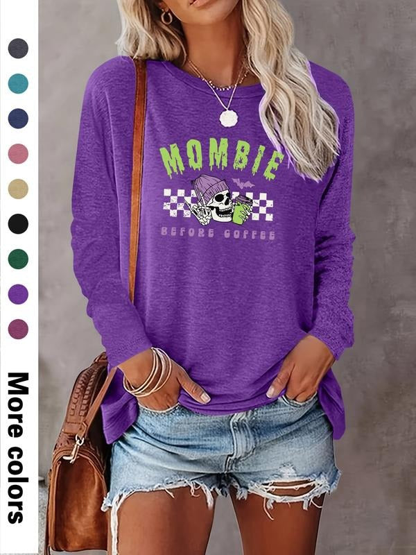 Women's Halloween Skull Letter Print Long Sleeve Casual Fitted T-Shirt, Comfortable Fabric, Available in 9 Colors style...