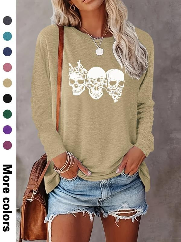 Women's Halloween Skull Letter Print Long Sleeve Casual Fitted T-Shirt, Comfortable Fabric, Available in 9 Colors style...