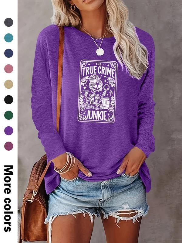 Women's Halloween Skull Letter Print Long Sleeve Casual Fitted T-Shirt, Comfortable Fabric, Available in 9 Colors Hoodie...