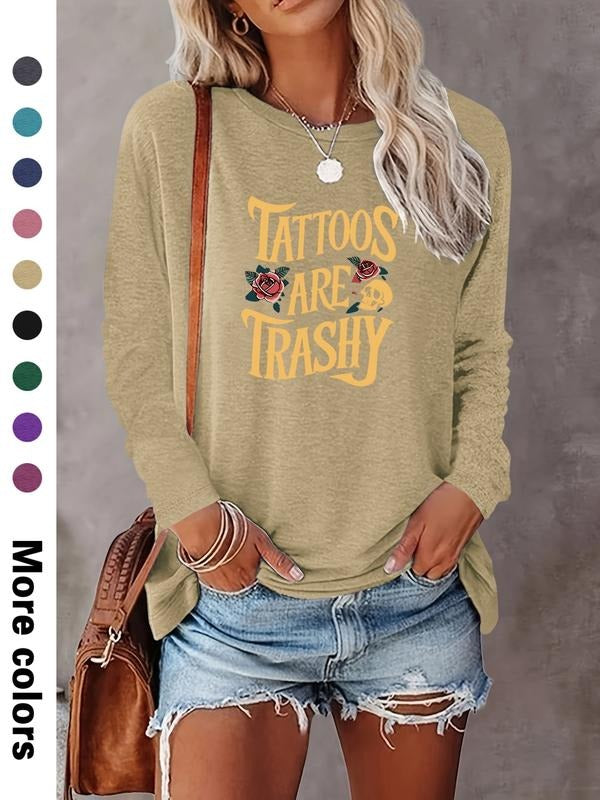Women's Halloween Skull Letter Print Long Sleeve Casual Fitted T-Shirt, Comfortable Fabric, Available in 9 Colors, All...