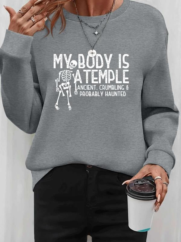 Women's Halloween Skull Letter Print Long Sleeve Pullover Sweatshirt, Casual Fitted Design, Spring & Fall Fashion,...