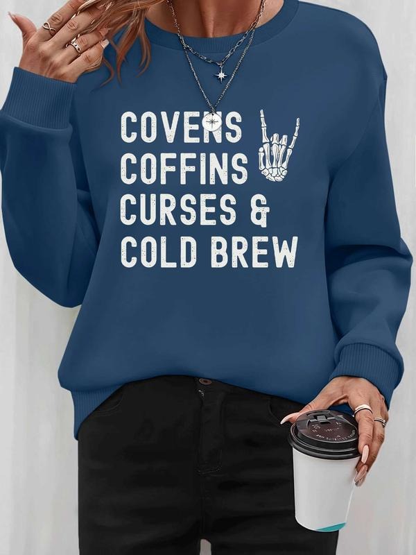 Women's Halloween Skull Letter Print Long Sleeve Pullover Sweatshirt, Casual Fitted Design, Spring & Fall Fashion,...