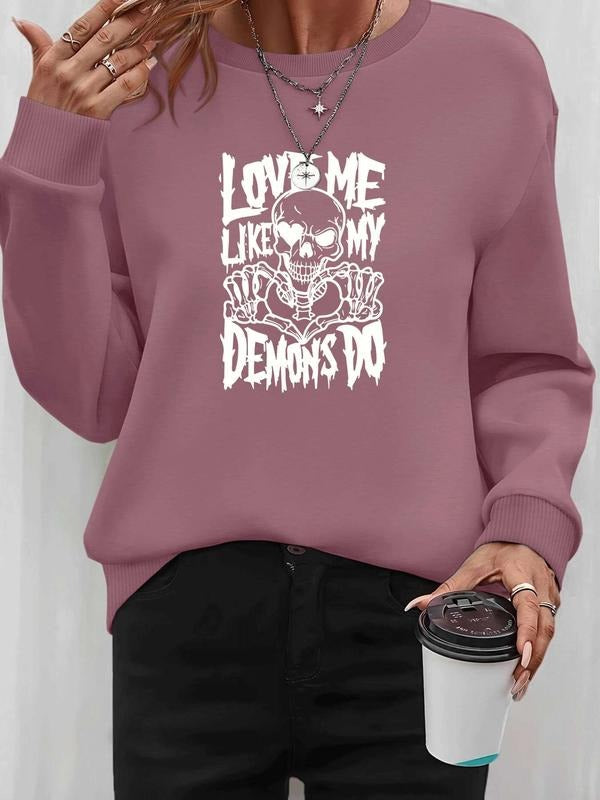 Women's Halloween Skull Letter Print Long Sleeve Pullover Sweatshirt, Casual Fitted Design, Spring & Fall Fashion,...