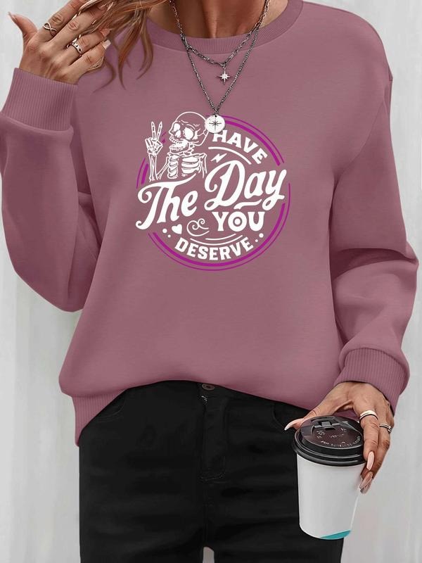 Women's Halloween Skull Letter Print Long Sleeve Pullover Sweatshirt, Casual Fitted Design, Spring & Fall Fashion,...