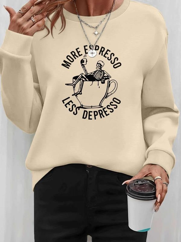 Women's Halloween Skull Letter Print Long Sleeve Round Neck Pullover Sweatshirt, Casual Fitted Design, Available in 8...