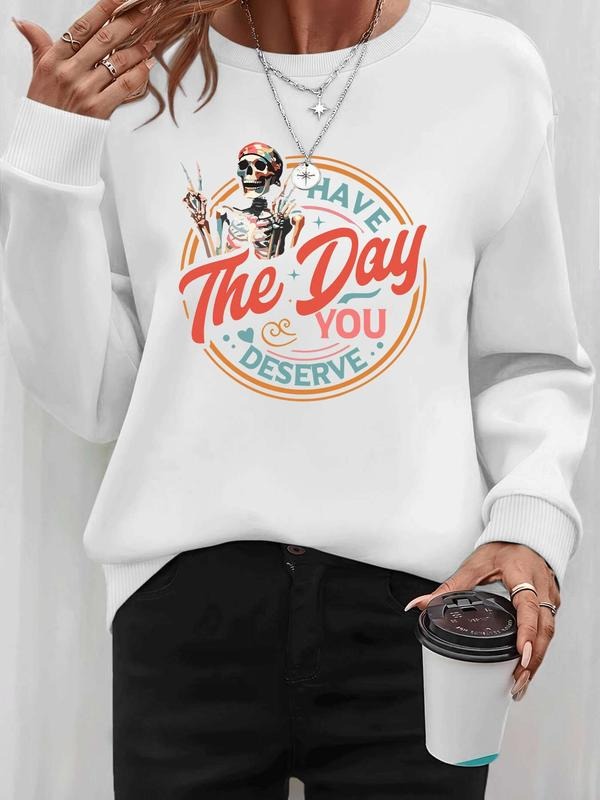 Women's Halloween Skull Letter Print Long Sleeve Round Neck Pullover Sweatshirt, Casual Fitted Design, Fall & Winter...