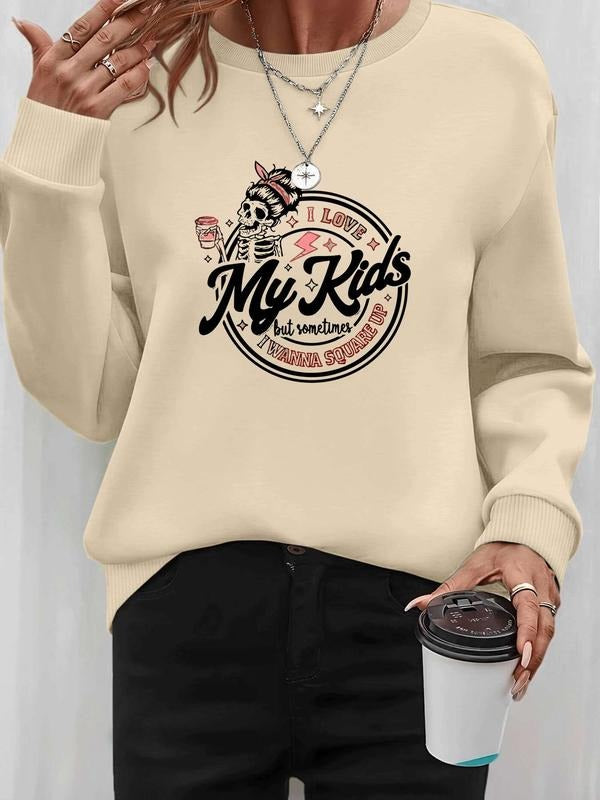Women's Halloween Skull Letter Print Long Sleeve Round Neck Pullover Sweatshirt, Casual Fitted Design, Fall & Winter...