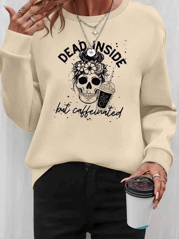 Women's Halloween Skull Letter Print Long Sleeve Round Neck Pullover Sweatshirt, Casual Fitted Kint Fabric, Fall & Winter...