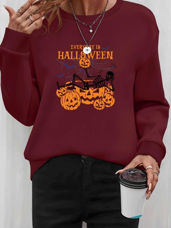 Women's Halloween Skull Letter Print Long Sleeve Round Neck Pullover Sweatshirt, Casual Fitted Kint Fabric, Fall & Winter...