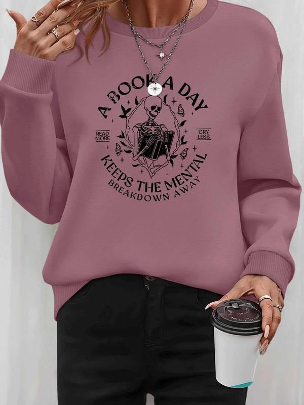Women's Halloween Skull Letter Print Long Sleeve Round Neck Pullover Sweatshirt, Casual Fitted Style, Available in 8...