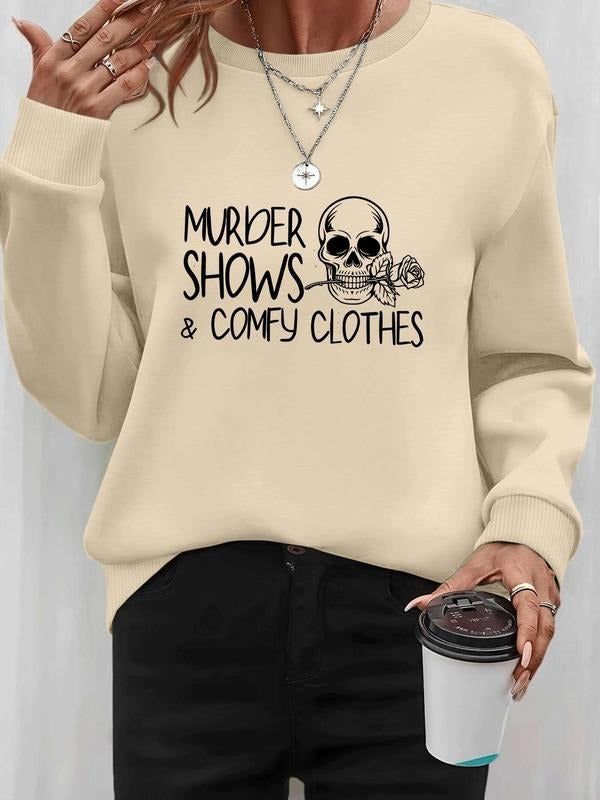 Women's Halloween Skull Letter Print Long Sleeve Round Neck Pullover Sweatshirt, Casual Fitted Style, Fall & Winter...