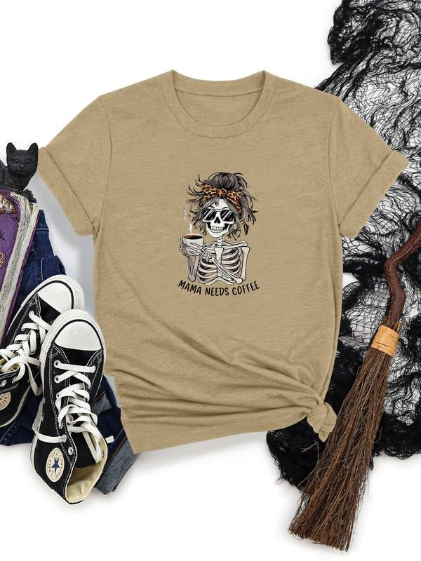 Women's Halloween Skull Letter Print Round Neck Short Sleeve T-Shirt, Casual Fitted Top, Soft Comfortable Fabric, 10...