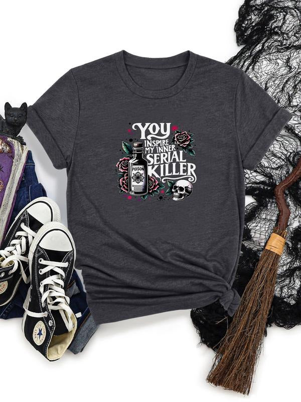 Women's Halloween Skull Letter Print Round Neck Short Sleeve T-Shirt, Soft Comfortable Fabric, Available in 11 Colors...