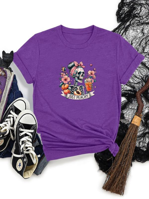 Women's Halloween Skull Letter Print Round Neck Short Sleeve T-Shirt, Soft Comfortable Fabric, Available in 11 Colors...